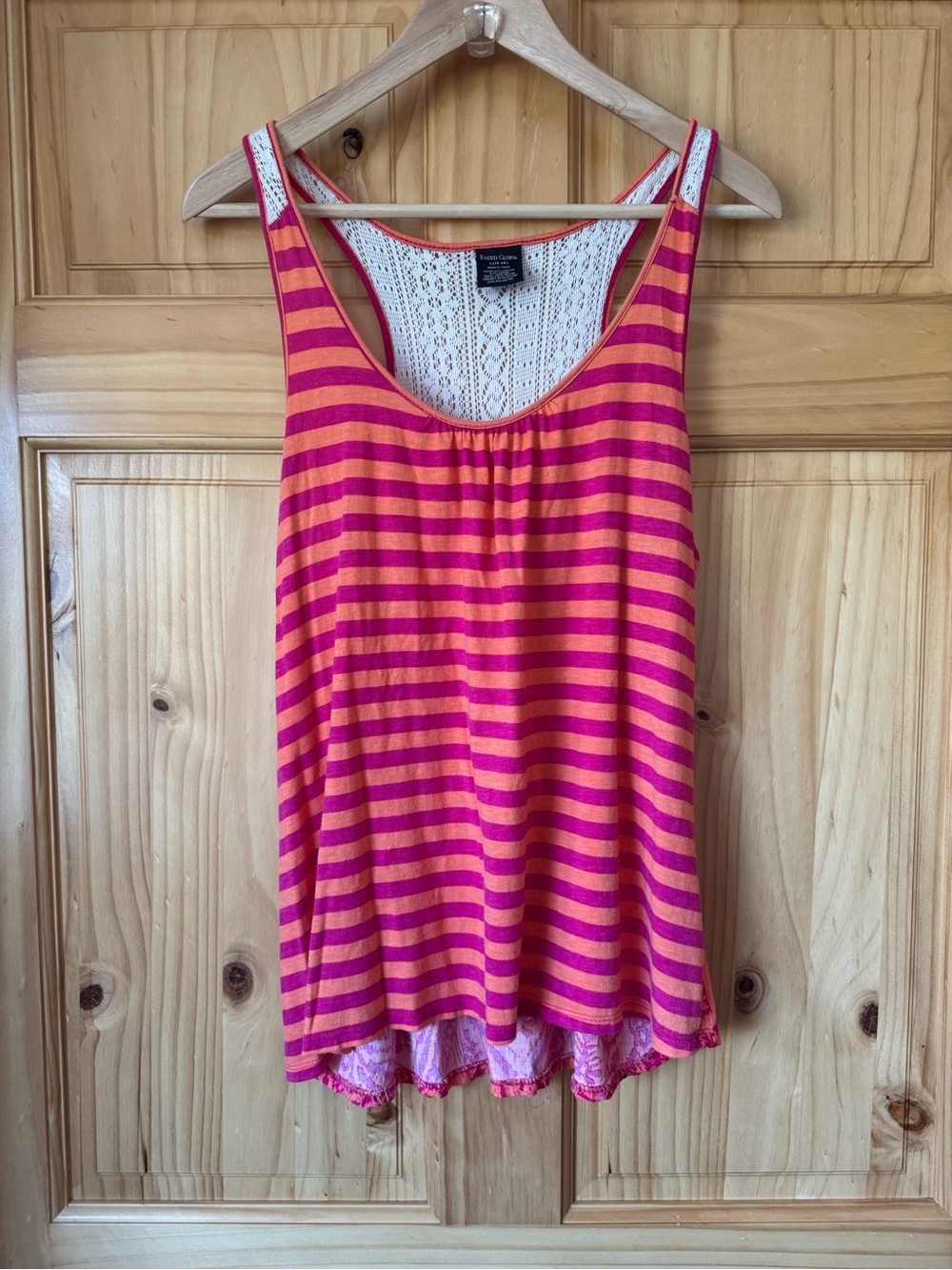 Faded Glory Pink & Orange Striped Crochet Trim RacerBack Tank size large